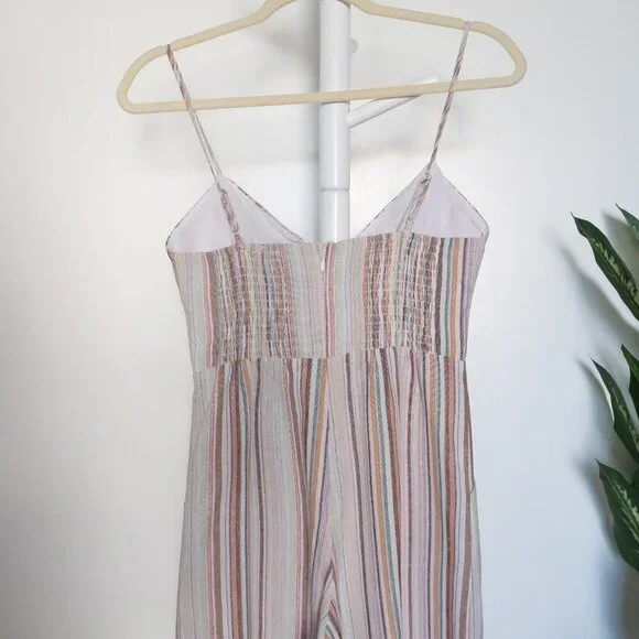 6 Shore Road Bayside Linen Striped Wide Leg Jumpsuit w Tie & Keyhole Front XS
